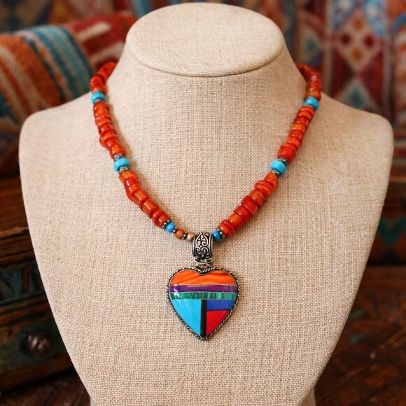 Native American Sterling Inlay Heart Necklace – Kingman Turquoise, Spiny Oyster - Picture 8 of 8